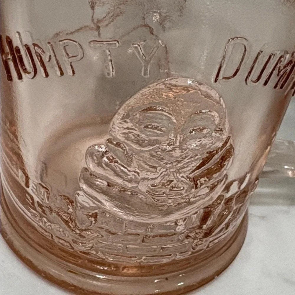 Vintage Pink Depression Glass Humpty Dumpty Tom Tom Nursery Rhyme Mug Cup